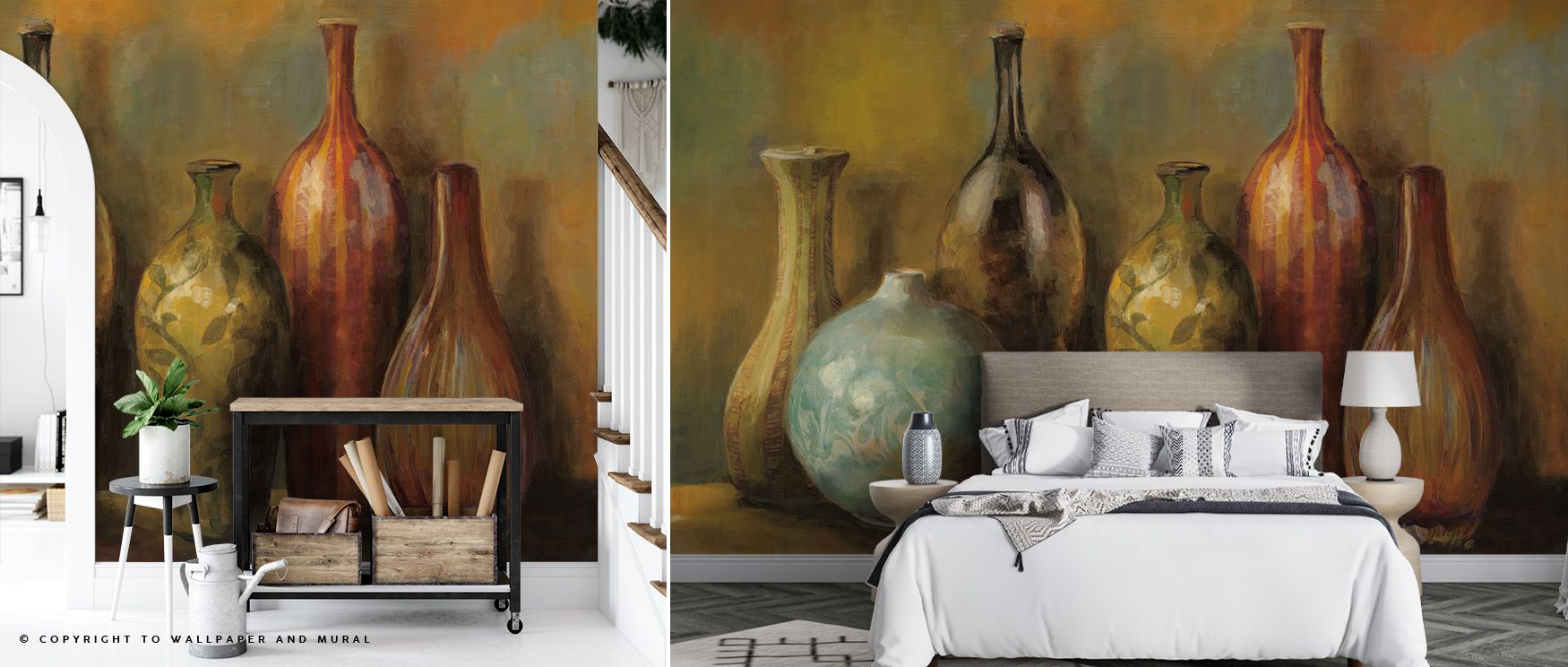 A warm-toned design featuring large, painted vases as vintage wallpaper for small spaces, complemented by a rustic console table.