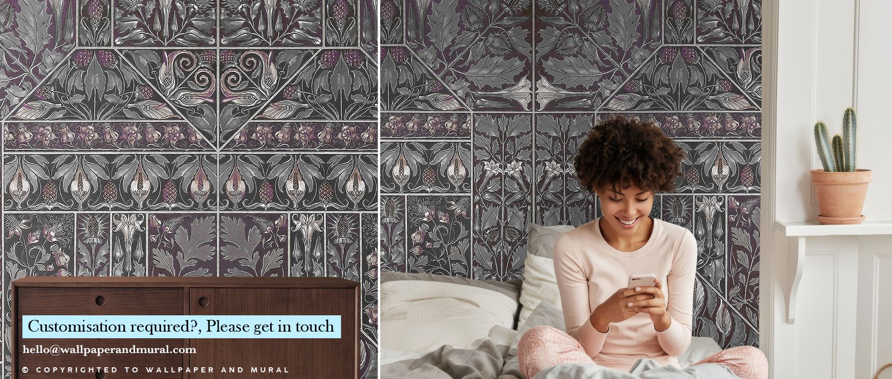 a-woman-using-a-phone-in-front-of-retro-60s-70s-vintage-wallpaper-featuring-intricate-floral-patterns-in-dark-tones A woman using a phone in front of Retro 60s & 70s Vintage Wallpaper featuring intricate floral patterns in dark tones.