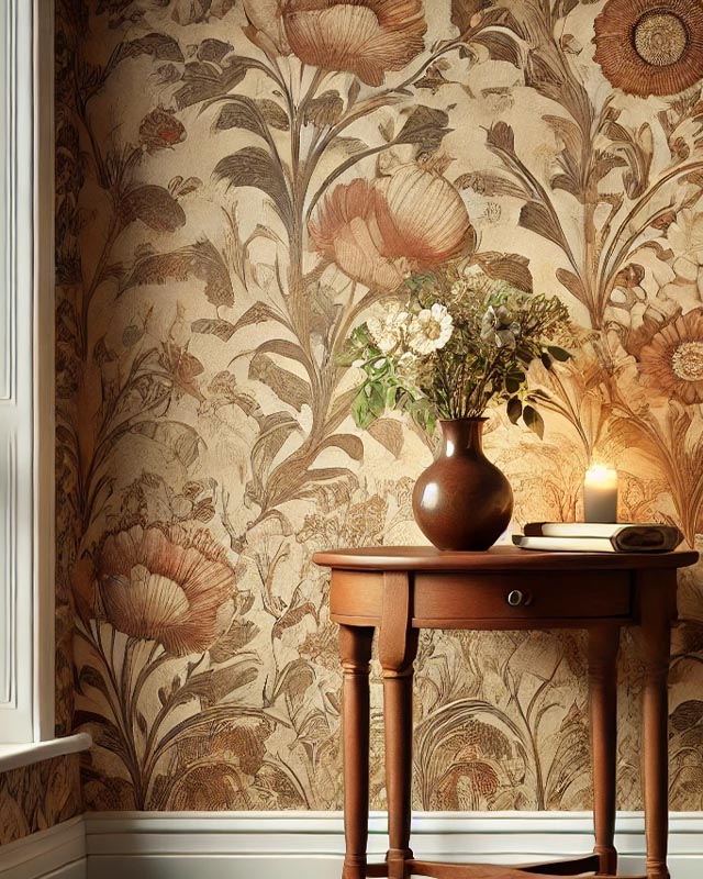 a-wooden-side-table-with-a-vase-of-flowers-and-a-lit-candle-set-against-william-morris-vs-modern-wallpaper-styles-featuring-large-vintage-floral-patterns A wooden side table with a vase of flowers and a lit candle, set against William Morris vs. Modern Wallpaper Styles featuring large, vintage floral patterns.