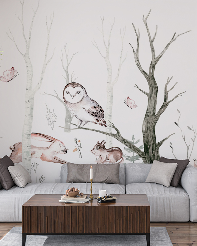 a-woodland-themed-wallpaper-featuring-an-owl-hare-and-mouse-highlighting-nature-inspired-teens-room-wallpaper-trends A woodland-themed wallpaper featuring an owl, hare, and mouse, highlighting nature-inspired teens room wallpaper trends.