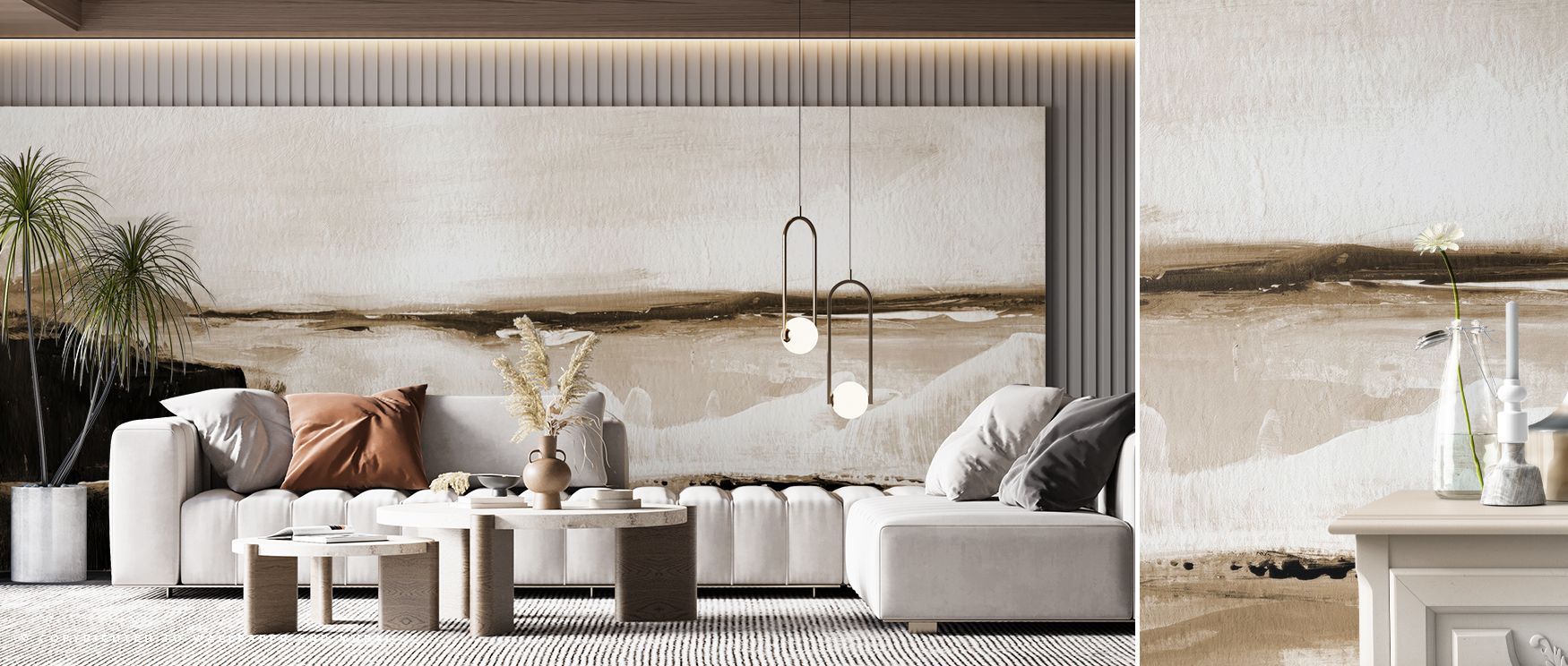 Abstract beige-toned vintage wallpaper for small spaces, complemented by a cozy white sofa, modern table, and plants.