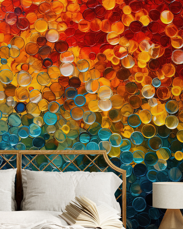 abstract-circular-pattern-wallpaper-in-warm-reds-yellows-blues-behind-a-bed-wallpaper-for-small-offices Abstract circular pattern wallpaper in warm reds, yellows, blues behind a bed. Wallpaper for Small Offices.