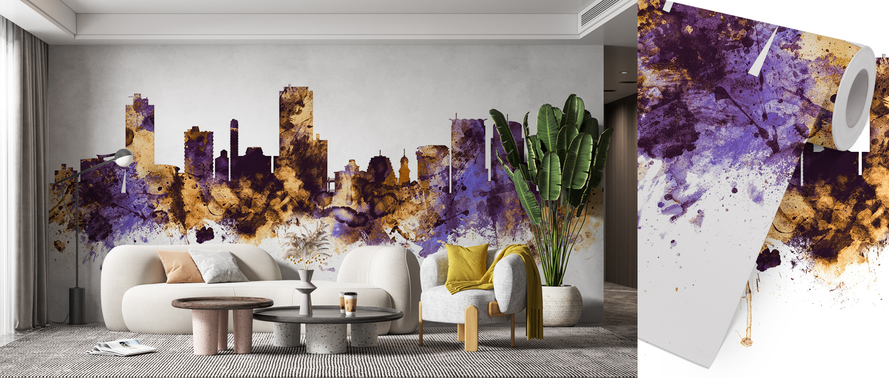 abstract-city-skyline-wallpaper-in-purple-and-gold-tones-with-splatter-design-behind-a-modern-sofa-peel-and-stick-office-wallpaper Abstract city skyline wallpaper in purple and gold tones with splatter design behind a modern sofa. Peel-and-stick office wallpaper.