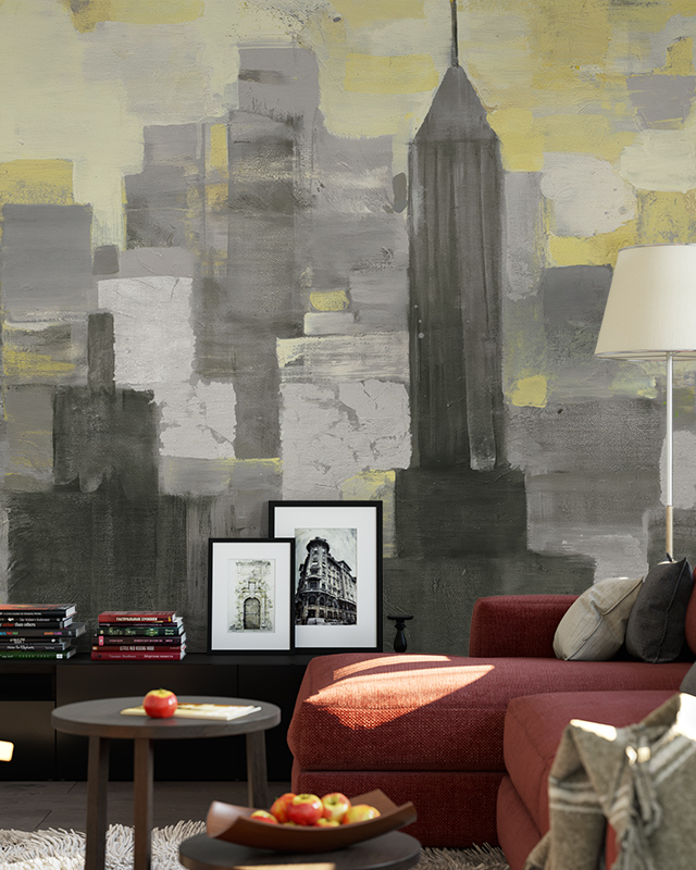 abstract-cityscape-wallpaper-in-muted-greys-and-yellows-behind-a-red-sofa-ideal-wallpaper-for-open-office-layouts Abstract cityscape wallpaper in muted greys and yellows behind a red sofa. Ideal wallpaper for open office layouts.