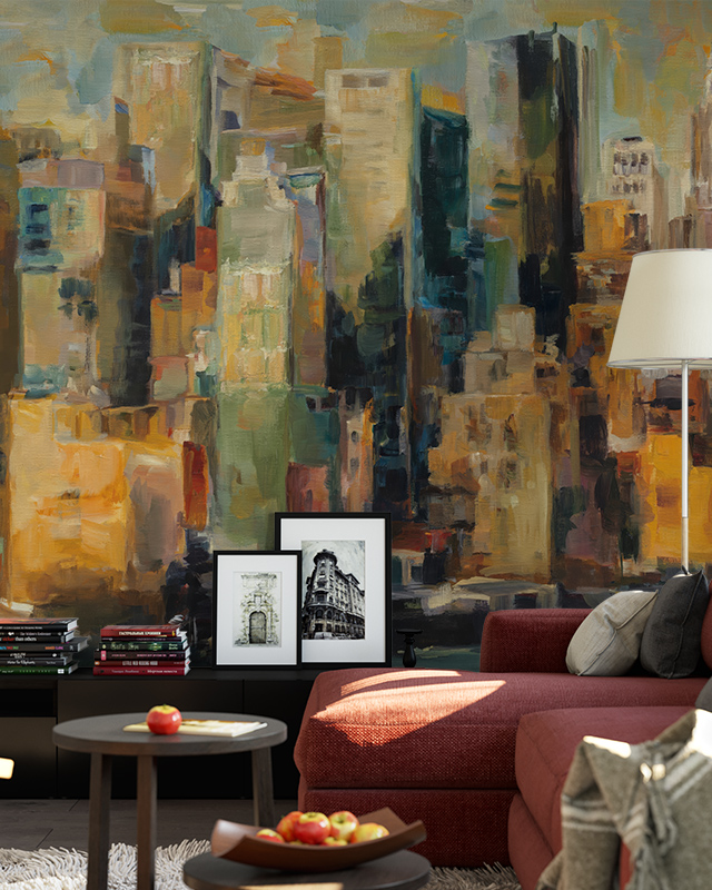 abstract-cityscape-wallpaper-with-bold-brushstrokes-behind-a-red-sofa-ideal-wallpaper-for-small-offices Abstract cityscape wallpaper with bold brushstrokes behind a red sofa. Ideal wallpaper for small offices.