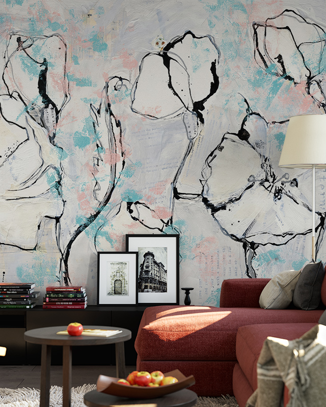 abstract-floral-wallpaper-with-black-outlines-and-pastel-colors-behind-a-red-sofa-ideal-wallpaper-for-open-office-layouts Abstract floral wallpaper with black outlines and pastel colors behind a red sofa. Ideal wallpaper for open office layouts.
