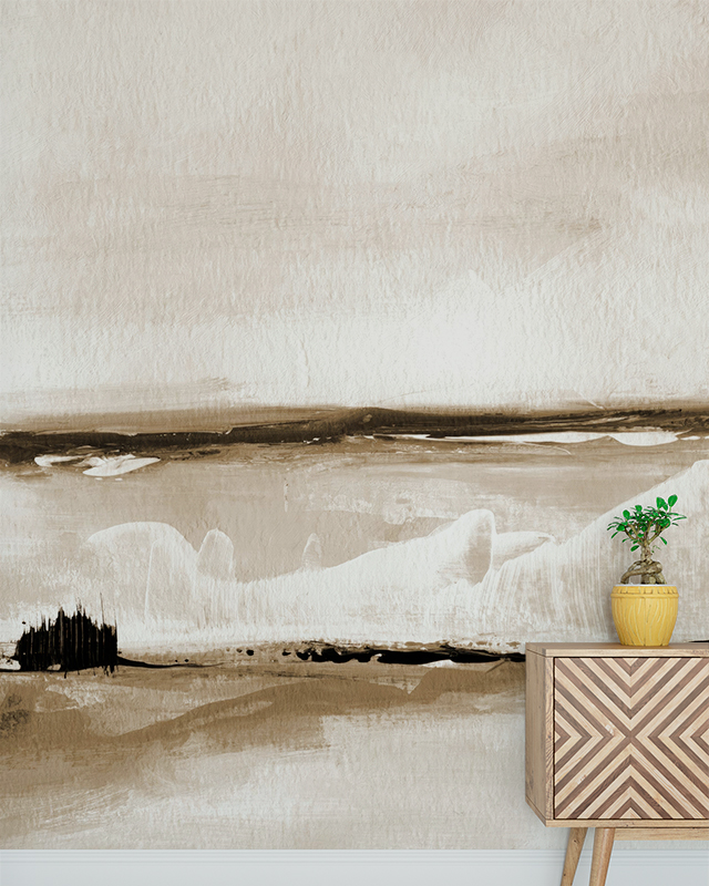 abstract-landscape-mural-in-modern-interiors-with-vintage-wallpaper-paired-with-a-wooden-geometric-side-table-and-small-plant Abstract landscape mural in Modern Interiors with Vintage Wallpaper, paired with a wooden geometric side table and small plant.