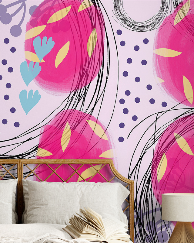 abstract-pink-yellow-and-blue-patterned-wallpaper-behind-a-bed-frame-showcasing-how-to-remove-removable-wallpaper Abstract pink, yellow, and blue patterned wallpaper behind a bed frame, showcasing how to remove removable wallpaper.