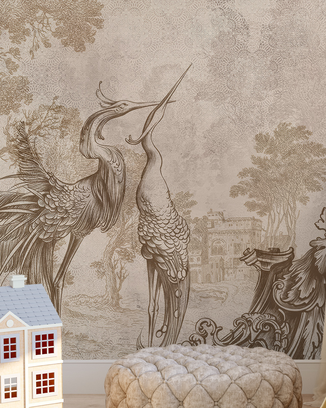 an-elegant-wallpaper-featuring-two-cranes-a-tufted-ottoman-and-a-toy-house-illustrating-how-to-choose-vintage-wallpaper-for-a-sophisticated-space An elegant wallpaper featuring two cranes, a tufted ottoman, and a toy house, illustrating how to choose vintage wallpaper for a sophisticated space.
