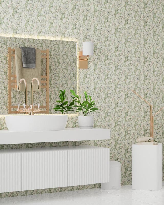 bathroom-featuring-william-morris-wallpaper-with-modern-art-elements-modern-fixtures-potted-plants-and-a-backlit-mirror Bathroom featuring William Morris Wallpaper with Modern Art elements, modern fixtures, potted plants, and a backlit mirror.