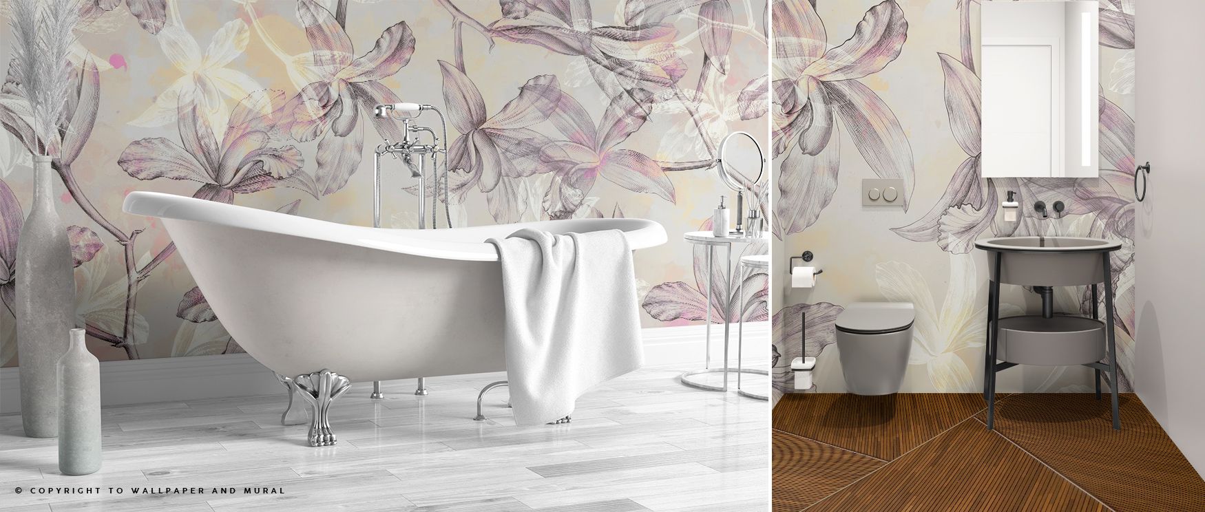 bathroom-with-freestanding-bathtub-towel-and-vanity-in-front-of-choosing-the-right-shade-of-beige-wallpaper-featuring-floral-designs Bathroom with freestanding bathtub, towel, and vanity in front of Choosing the Right Shade of Beige wallpaper featuring floral designs.