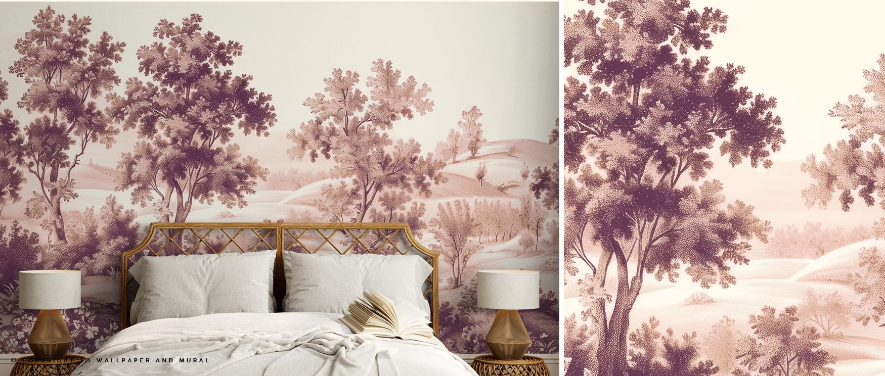 bedroom-featuring-modern-interiors-with-vintage-wallpaper-of-a-purple-landscape-scene-complemented-by-neutral-bedding-and-lamps Bedroom featuring Modern Interiors with Vintage Wallpaper of a purple landscape scene, complemented by neutral bedding and lamps.