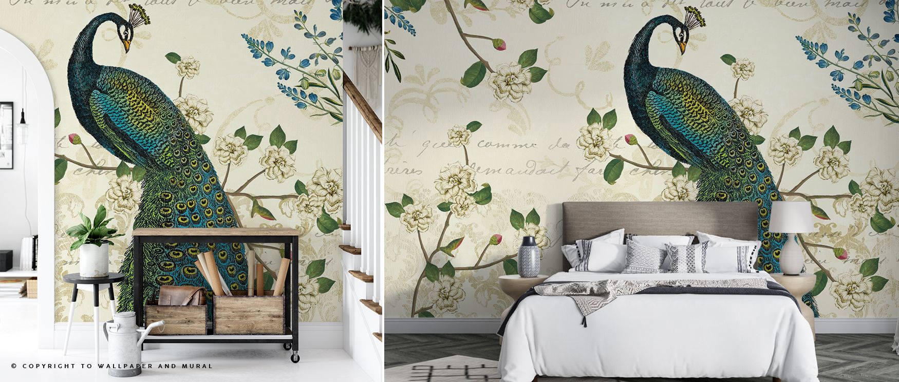 bedroom-with-a-bed-side-table-and-lamp-in-front-of-choosing-the-right-shade-of-beige-wallpaper-featuring-a-peacock-and-floral-design Bedroom with a bed, side table, and lamp in front of Choosing the Right Shade of Beige wallpaper featuring a peacock and floral design.