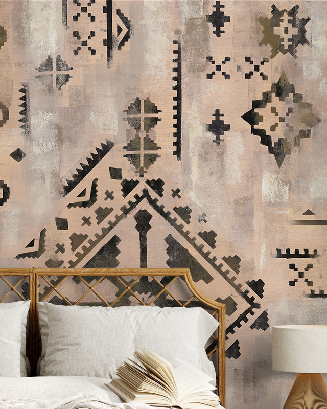 bedroom-with-rattan-headboard-open-book-and-lamp-in-front-of-choosing-the-right-shade-of-beige-wallpaper-featuring-geometric-patterns Bedroom with rattan headboard, open book, and lamp in front of Choosing the Right Shade of Beige wallpaper featuring geometric patterns.