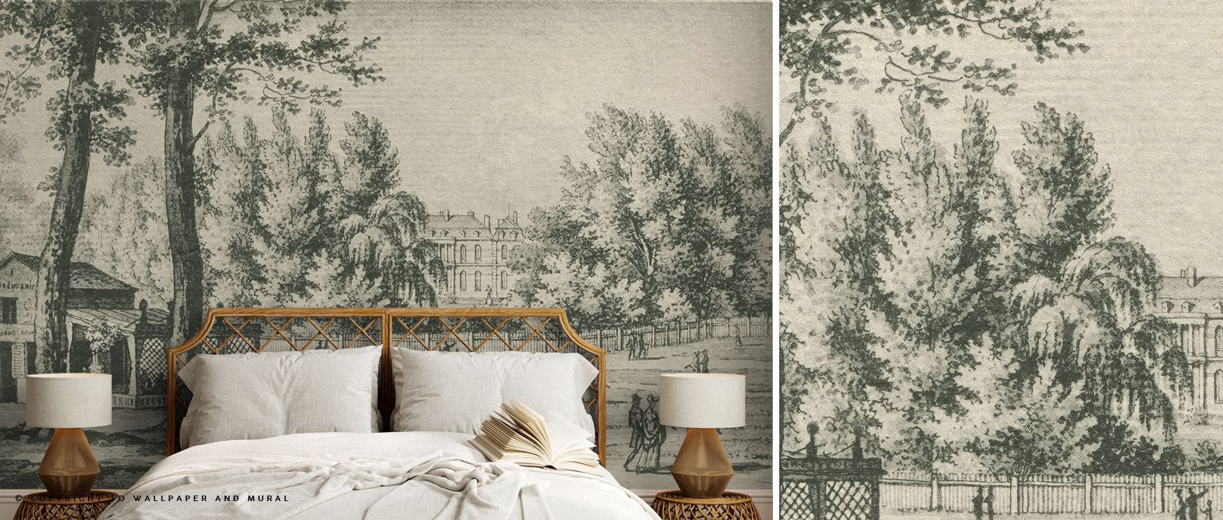 bedroom-with-vintage-style-landscape-peel-and-stick-wallpaper-for-rental-space-featuring-trees-and-historical-architecture-artwork Bedroom with vintage-style landscape peel and stick wallpaper for rental space, featuring trees and historical architecture artwork.
