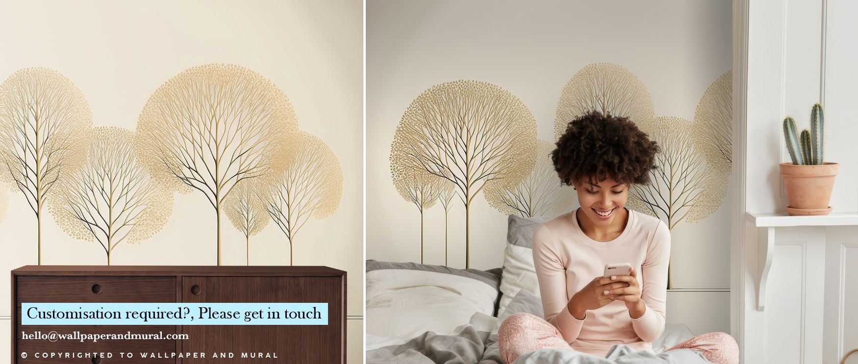 bedroom-with-wooden-dresser-potted-plant-and-woman-on-bed-in-front-of-benefits-of-using-beige-wallpaper-in-small-spaces-featuring-tree-designs Bedroom with wooden dresser, potted plant, and woman on bed in front of Benefits of using Beige Wallpaper in Small Spaces featuring tree designs.