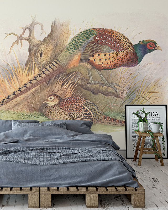Beige Wallpaper for nursery featuring colorful pheasants in a nature scene behind a rustic wooden bed and framed art.