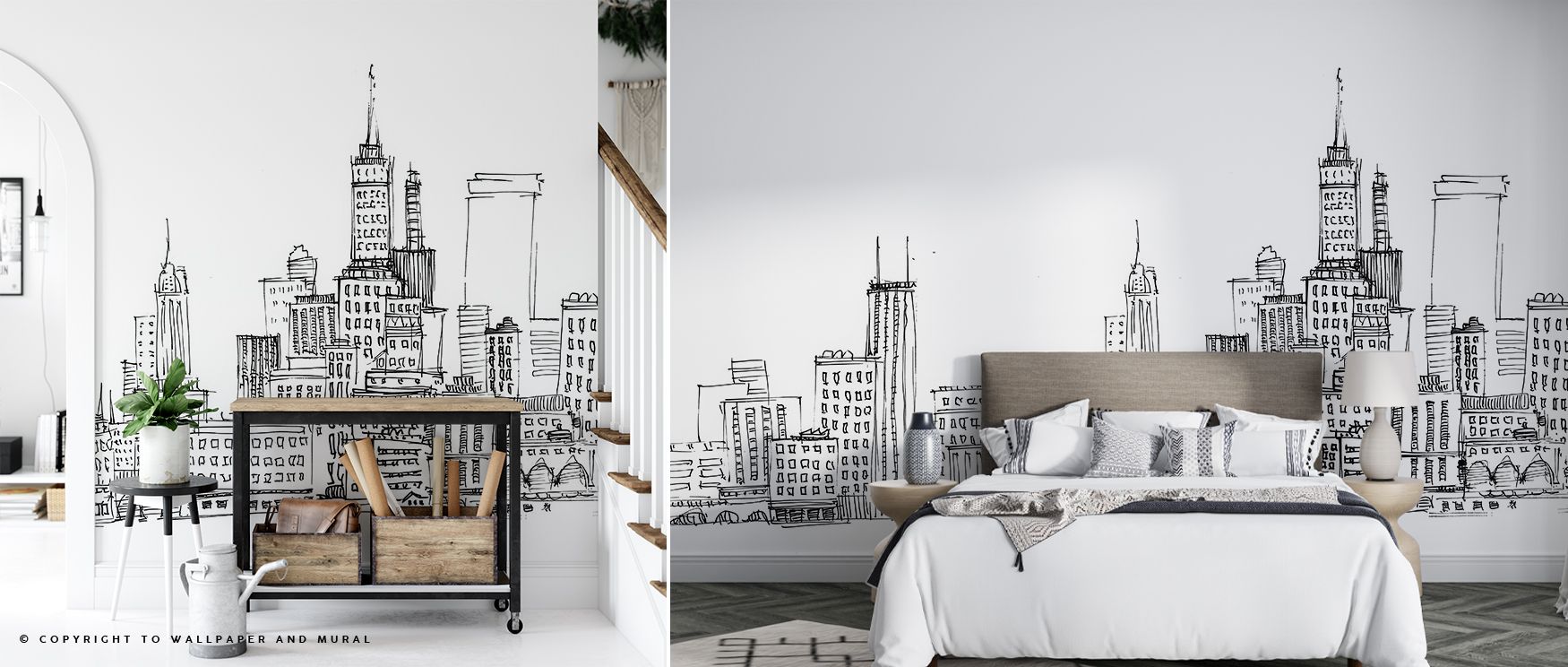black-and-white-cityscape-sketch-wallpaper-in-a-bedroom-highlighting-modern-teens-room-wallpaper-trends-for-creative-spaces Black-and-white cityscape sketch wallpaper in a bedroom, highlighting modern teens room wallpaper trends for creative spaces.
