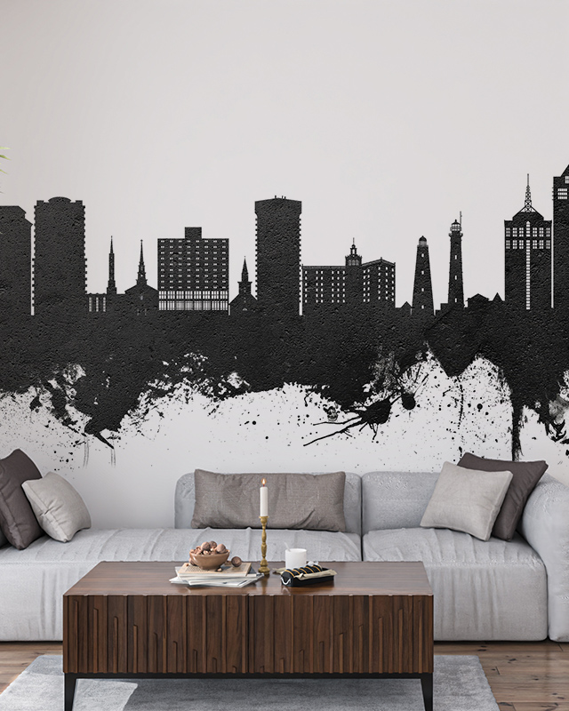 black-city-skyline-wallpaper-with-splatter-effect-on-a-white-background-behind-a-grey-sofa-perfect-peel-and-stick-office-wallpaper Black city skyline wallpaper with splatter effect on a white background behind a grey sofa. Perfect peel-and-stick office wallpaper.