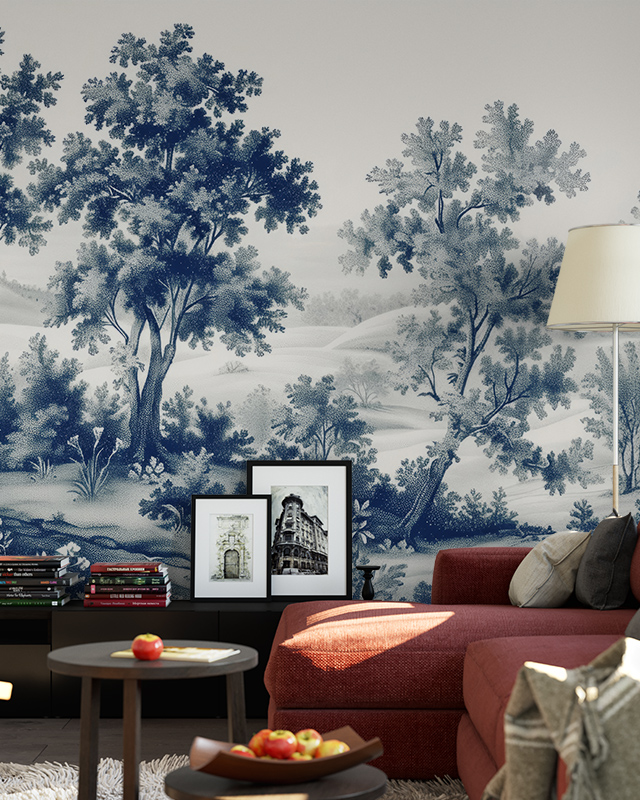 blue-and-white-landscape-peel-and-stick-wallpaper-trends-behind-a-red-sofa-and-modern-decor-featuring-framed-art-pieces Blue and white landscape Peel and Stick Wallpaper trends behind a red sofa and modern decor, featuring framed art pieces.