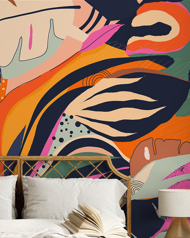 bold-abstract-patterned-wallpaper-with-vibrant-colors-behind-a-bed-demonstrating-how-to-remove-removable-wallpaper Bold, abstract-patterned wallpaper with vibrant colors behind a bed, demonstrating how to remove removable wallpaper.