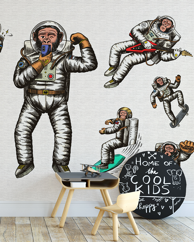 boys-teens-room-wallpaper-featuring-astronauts-performing-fun-activities-like-playing-guitar-and-skateboarding-with-a-small-desk-and-chair-in-front Boys Teens Room Wallpaper featuring astronauts performing fun activities like playing guitar and skateboarding, with a small desk and chair in front.