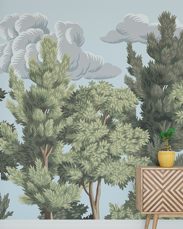 boys-teens-room-wallpaper-featuring-illustrated-trees-and-clouds-with-a-modern-wooden-cabinet-in-front Boys Teens Room Wallpaper featuring illustrated trees and clouds, with a modern wooden cabinet in front.