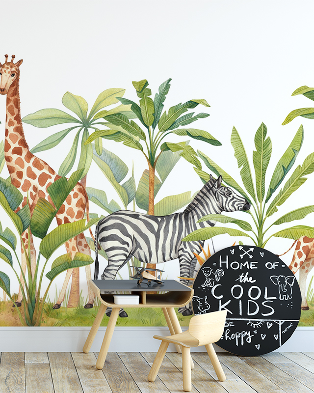 boys-teens-room-wallpaper-with-giraffe-zebra-and-tropical-plants-featuring-a-small-desk-and-playful-decor-in-front Boys Teens Room Wallpaper with giraffe, zebra, and tropical plants, featuring a small desk and playful decor in front.