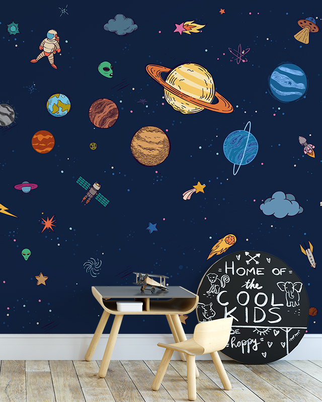 boys-teens-room-wallpaper-with-space-themed-design-featuring-planets-astronauts-and-rockets-with-a-small-desk-and-chair-in-front Boys Teens Room Wallpaper with space-themed design featuring planets, astronauts, and rockets, with a small desk and chair in front.