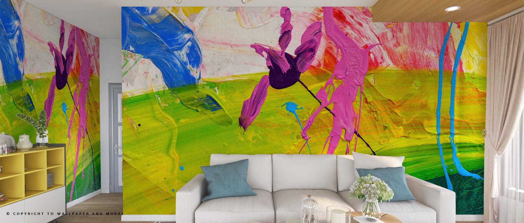 bright-abstract-wall-mural-in-a-living-room-illustrating-the-impact-of-peel-and-stick-vs-traditional-wallpaper Bright, abstract wall mural in a living room, illustrating the impact of peel and stick vs. traditional wallpaper.