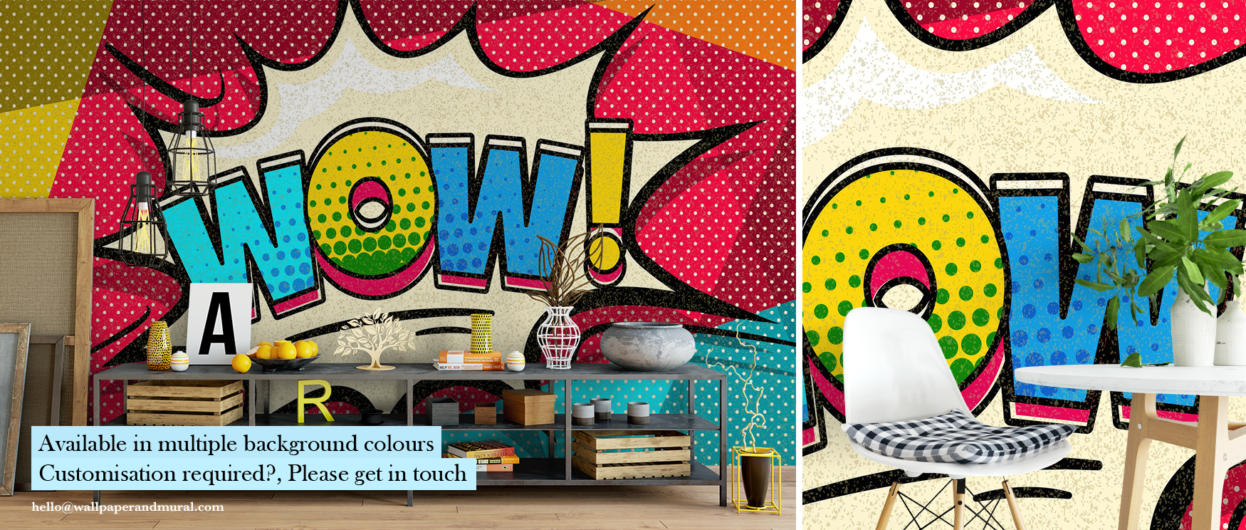 Bright, comic-style "WOW!" mural in vibrant colors with plants, books, and a modern shelf in front. Pros and Cons of Removable Wallpaper highlighted in playful decor.