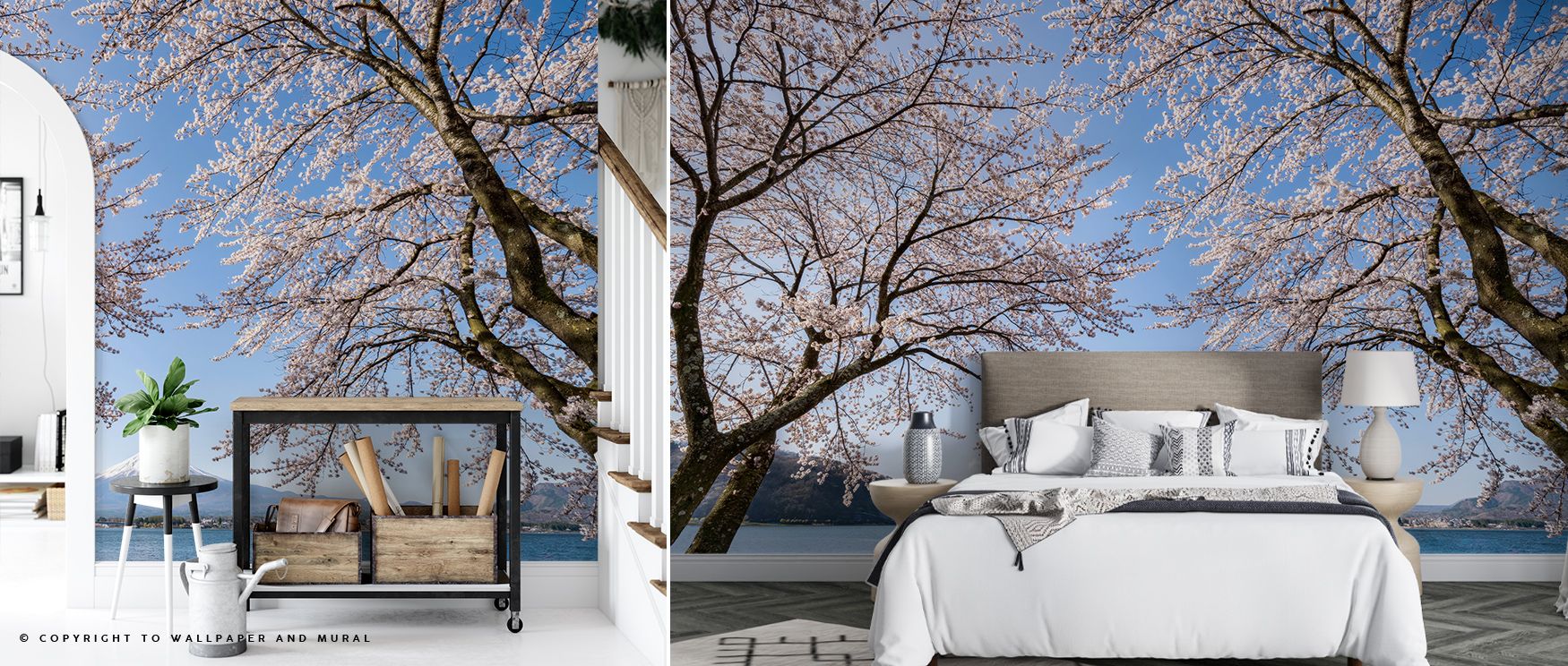 Cherry blossom mural with blue sky, showcasing Japandi wallpaper for small spaces, styled in a minimalist bedroom setup.
