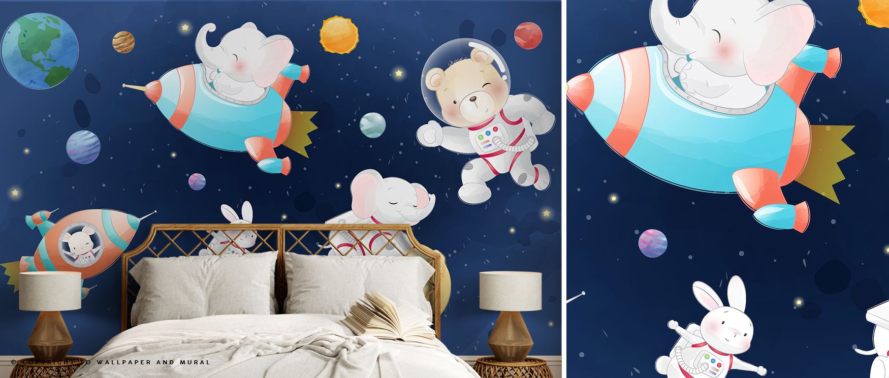 children-s-room-with-playful-space-themed-peel-and-stick-wallpaper-featuring-animals-in-spacesuits-comparing-peel-and-stick-vs-traditional-wallpaper Children's room with playful space-themed peel and stick wallpaper featuring animals in spacesuits, comparing peel and stick vs. traditional wallpaper.