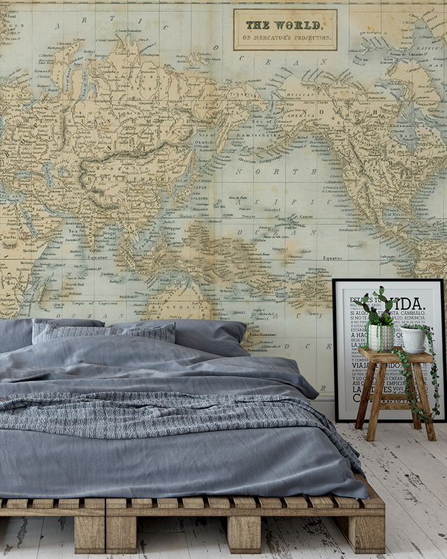 color-schemes-for-teens-room-wallpaper-featuring-a-vintage-world-map-with-a-rustic-wooden-bed-and-minimalist-decor Color Schemes for Teens Room Wallpaper featuring a vintage world map, with a rustic wooden bed and minimalist decor.