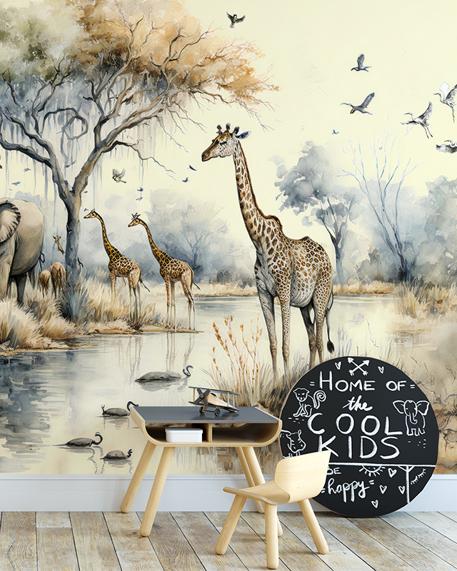color-schemes-for-teens-room-wallpaper-featuring-giraffes-and-elephants-by-a-waterhole-with-a-small-desk-and-chair-in-front Color Schemes for Teens Room Wallpaper featuring giraffes and elephants by a waterhole, with a small desk and chair in front.
