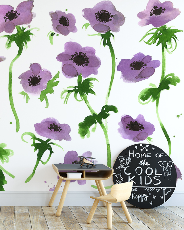 color-schemes-for-teens-room-wallpaper-featuring-large-purple-flowers-with-green-stems-a-kids-desk-and-decor-items Color Schemes for Teens Room Wallpaper featuring large purple flowers with green stems, a kids' desk, and decor items.