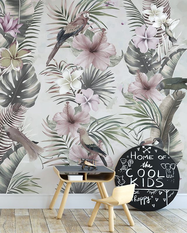 color-schemes-for-teens-room-wallpaper-featuring-tropical-birds-pink-flowers-a-small-desk-and-home-of-the-cool-kids-sign Color Schemes for Teens Room Wallpaper featuring tropical birds, pink flowers, a small desk, and 'Home of the Cool Kids' sign.
