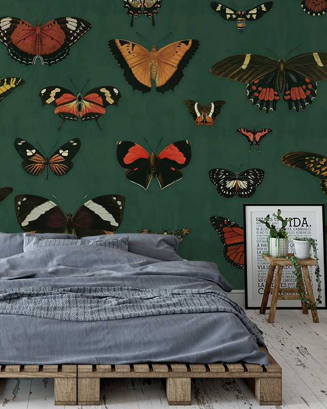 color-schemes-for-teens-room-wallpaper-featuring-vibrant-butterflies-on-a-green-backdrop-with-a-rustic-bed-and-decor Color Schemes for Teens Room Wallpaper featuring vibrant butterflies on a green backdrop, with a rustic bed and decor.