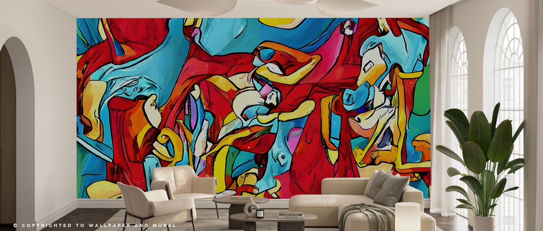 colorful-abstract-wall-mural-in-a-living-space-illustrating-vibrant-design-options-for-peel-and-stick-vs-traditional-wallpaper Colorful abstract wall mural in a living space, illustrating vibrant design options for peel and stick vs. traditional wallpaper.