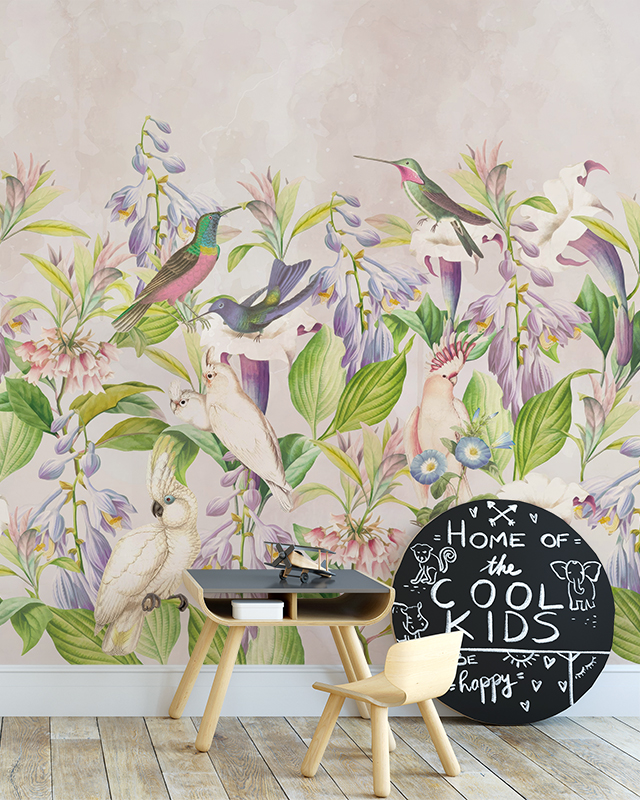 Colorful bird and floral wallpaper, perfect for designing accent walls with teens room wallpaper for a vibrant space.