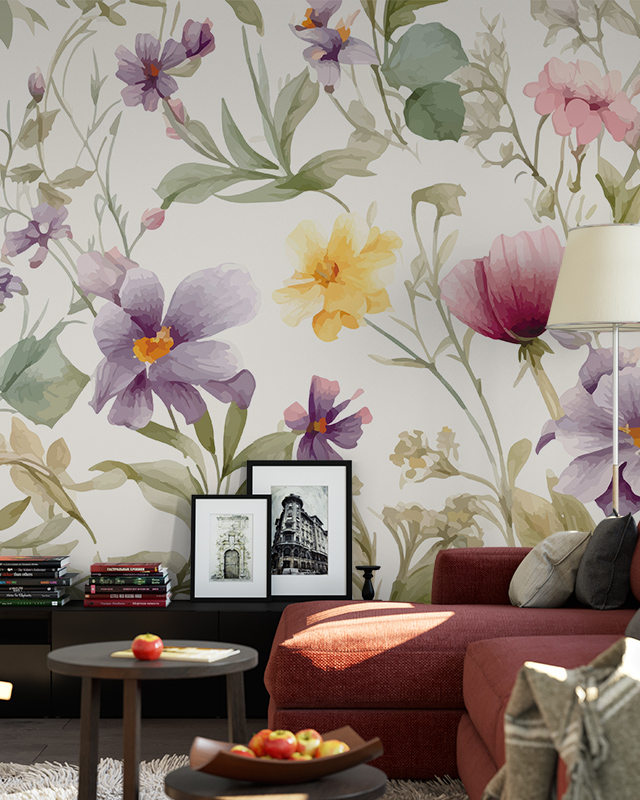 colorful-floral-wallpaper-with-pink-yellow-and-purple-flowers-behind-a-red-sofa-ideal-wallpaper-for-open-office-layouts Colorful floral wallpaper with pink, yellow, and purple flowers behind a red sofa. Ideal wallpaper for open office layouts.