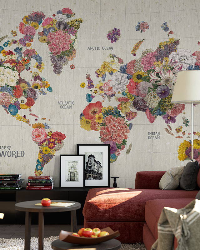 colorful-floral-world-map-wallpaper-in-a-cozy-living-room-with-a-red-sofa-framed-art-and-a-small-coffee-table-perfect-as-girls-teens-room-wallpaper Colorful floral world map wallpaper in a cozy living room with a red sofa, framed art, and a small coffee table, perfect as girls teens room wallpaper.
