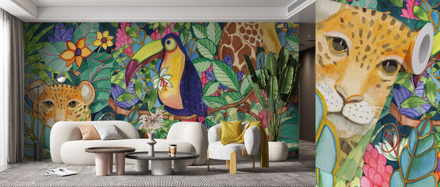 colorful-jungle-themed-wallpaper-with-a-toucan-and-leopard-showcasing-bold-teens-room-wallpaper-trends-in-a-modern-space Colorful jungle-themed wallpaper with a toucan and leopard, showcasing bold teens room wallpaper trends in a modern space.