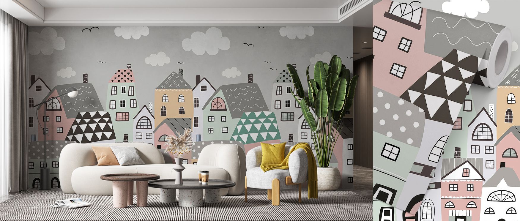 colorful-wallpaper-with-cartoon-houses-a-cozy-living-space-setup-and-a-green-plant-showcasing-teens-room-wallpaper-trends Colorful wallpaper with cartoon houses, a cozy living space setup, and a green plant, showcasing teens room wallpaper trends.