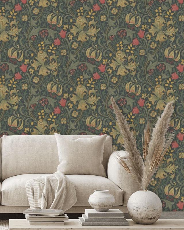 cozy-living-room-featuring-floral-william-morris-wallpaper-with-modern-art-accents-and-neutral-toned-furniture-and-decor Cozy living room featuring floral William Morris Wallpaper with Modern Art accents and neutral-toned furniture and decor.