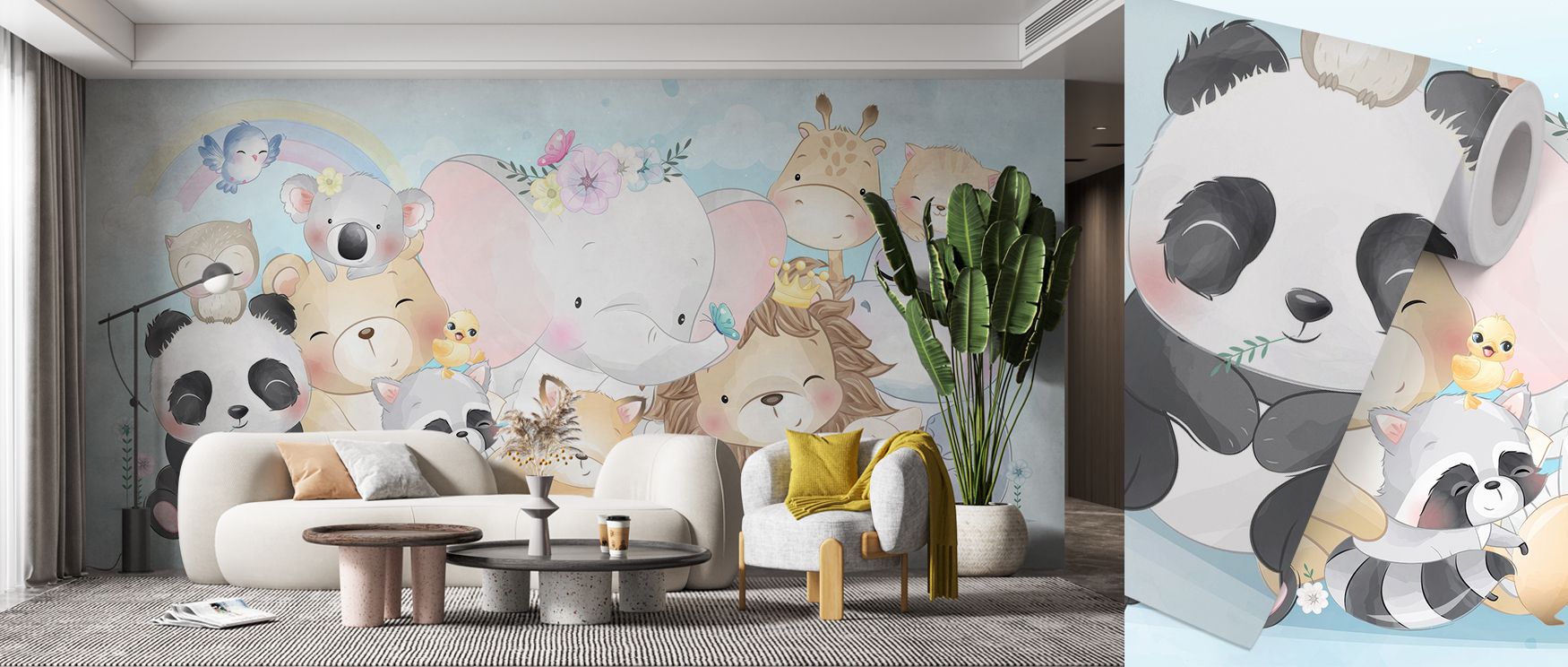 cute-animal-themed-wallpaper-in-a-cozy-living-room-showcasing-the-benefits-of-using-wallpaper-in-teens-rooms Cute animal-themed wallpaper in a cozy living room showcasing the benefits of using wallpaper in teens' rooms.