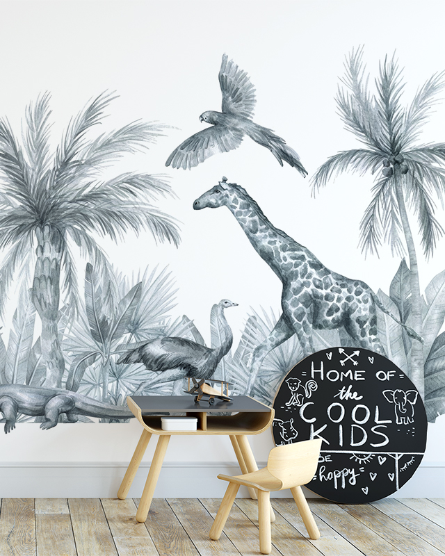 Designing Accent Walls with teens room wallpaper featuring grayscale jungle animals, a small desk, chair, and playful round decor.