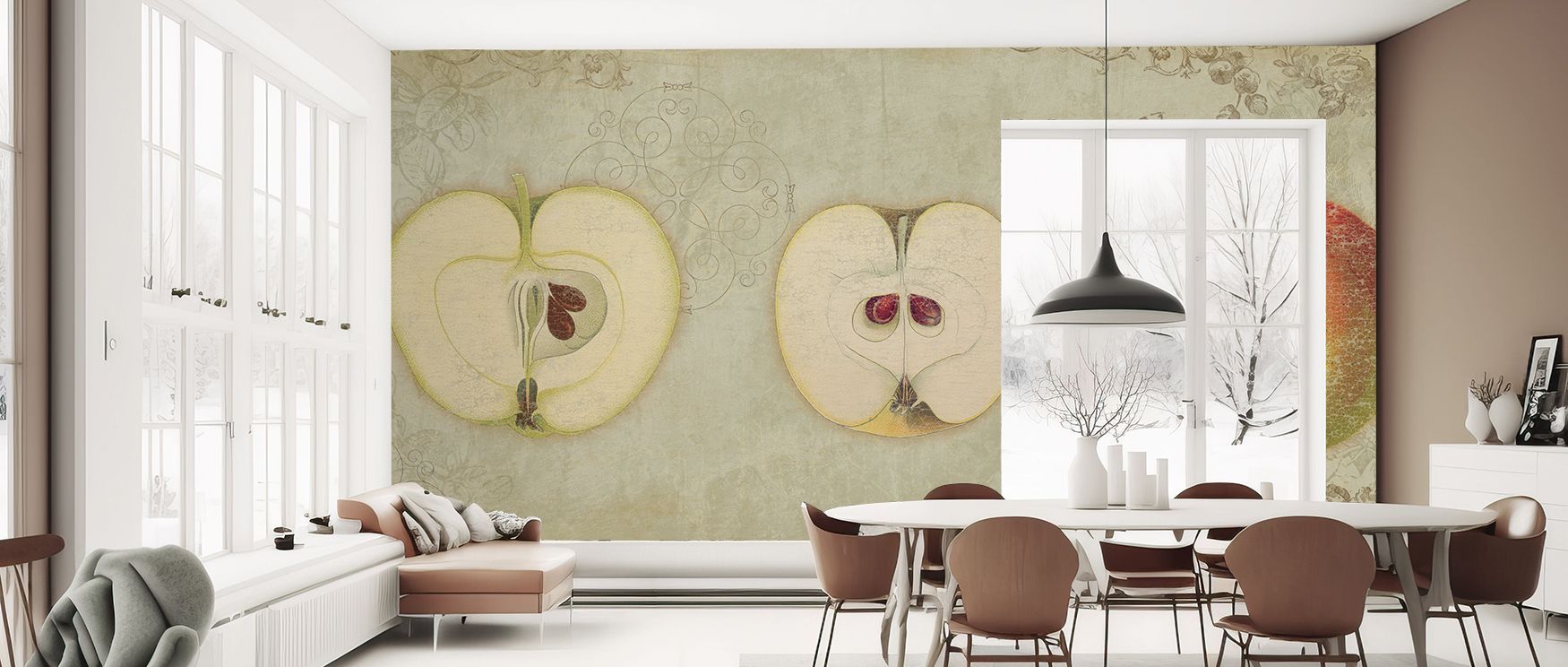 dining-room-with-table-chairs-and-pendant-light-in-front-of-choosing-the-right-shade-of-beige-wallpaper-featuring-apple-illustrations Dining room with table, chairs, and pendant light in front of Choosing the Right Shade of Beige wallpaper featuring apple illustrations.