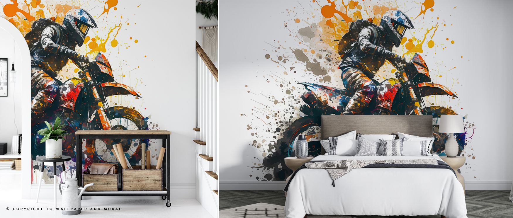 Dynamic motorbike splash art wallpaper in vibrant colors, perfect for boys teens room wallpaper with an energetic theme.