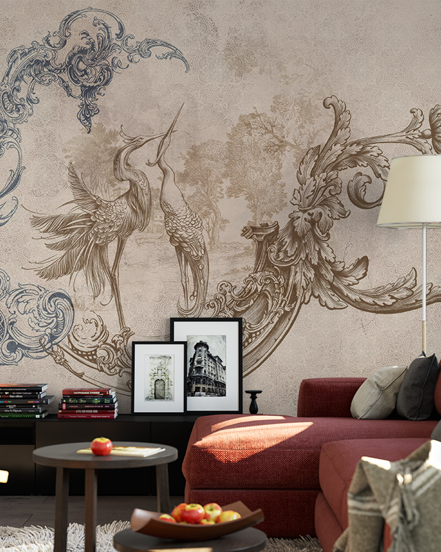 elegant-bird-themed-peel-and-stick-wallpaper-trends-behind-a-red-sofa-modern-coffee-table-and-framed-art-decor Elegant bird-themed Peel and Stick Wallpaper trends behind a red sofa, modern coffee table, and framed art decor.